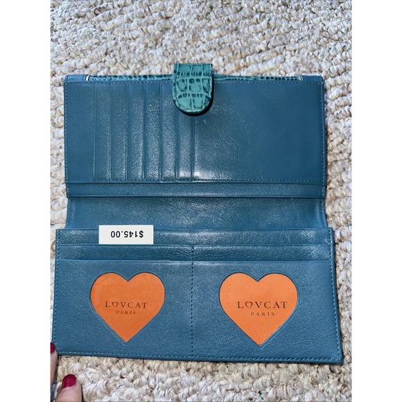 Lovecat Teal Leather  Wallet Faux Croc Embossed Card Slots Large EUC - Picture 4 of 4